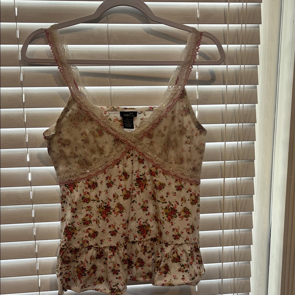 Rue21 Floral Camisole with Pink Lace Trim